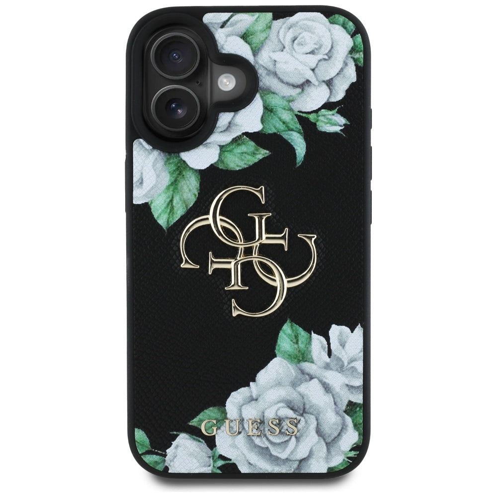 Kotelo Apple iPhone 16:lle, Guess, 4G Grained Roses Big Logo, Musta