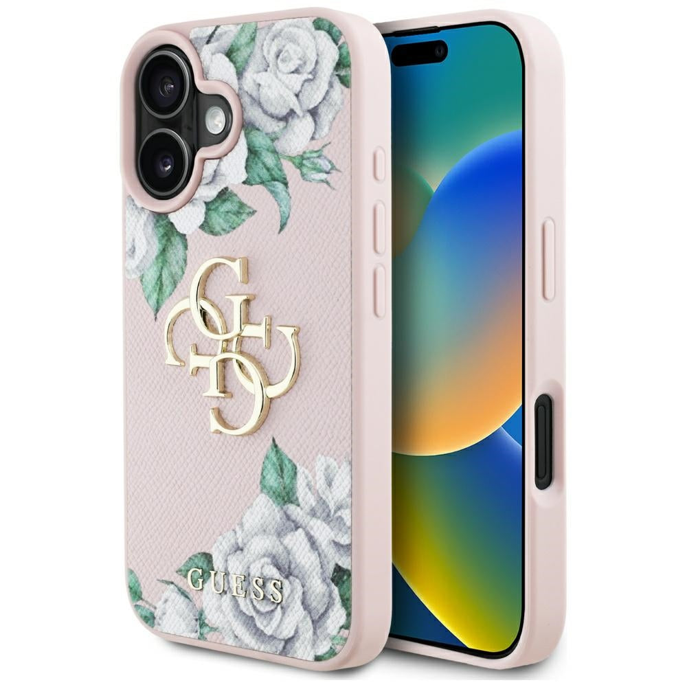 Suojakotelo Apple iPhone 16:lle, Guess, 4G Grained Roses Big Logo, Pinkki