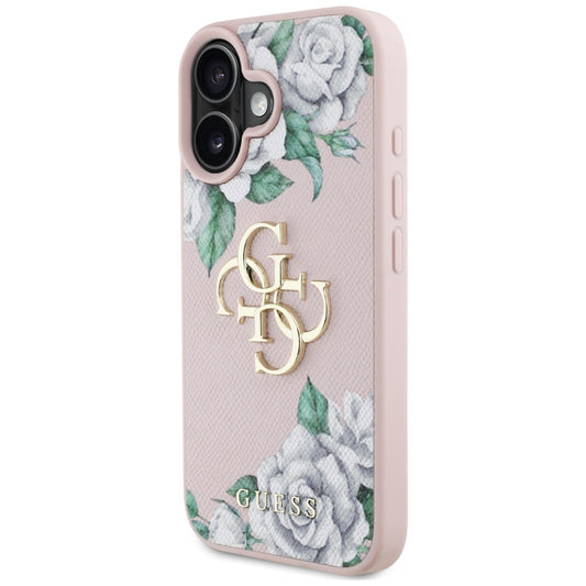 Suojakotelo Apple iPhone 16:lle, Guess, 4G Grained Roses Big Logo, Pinkki