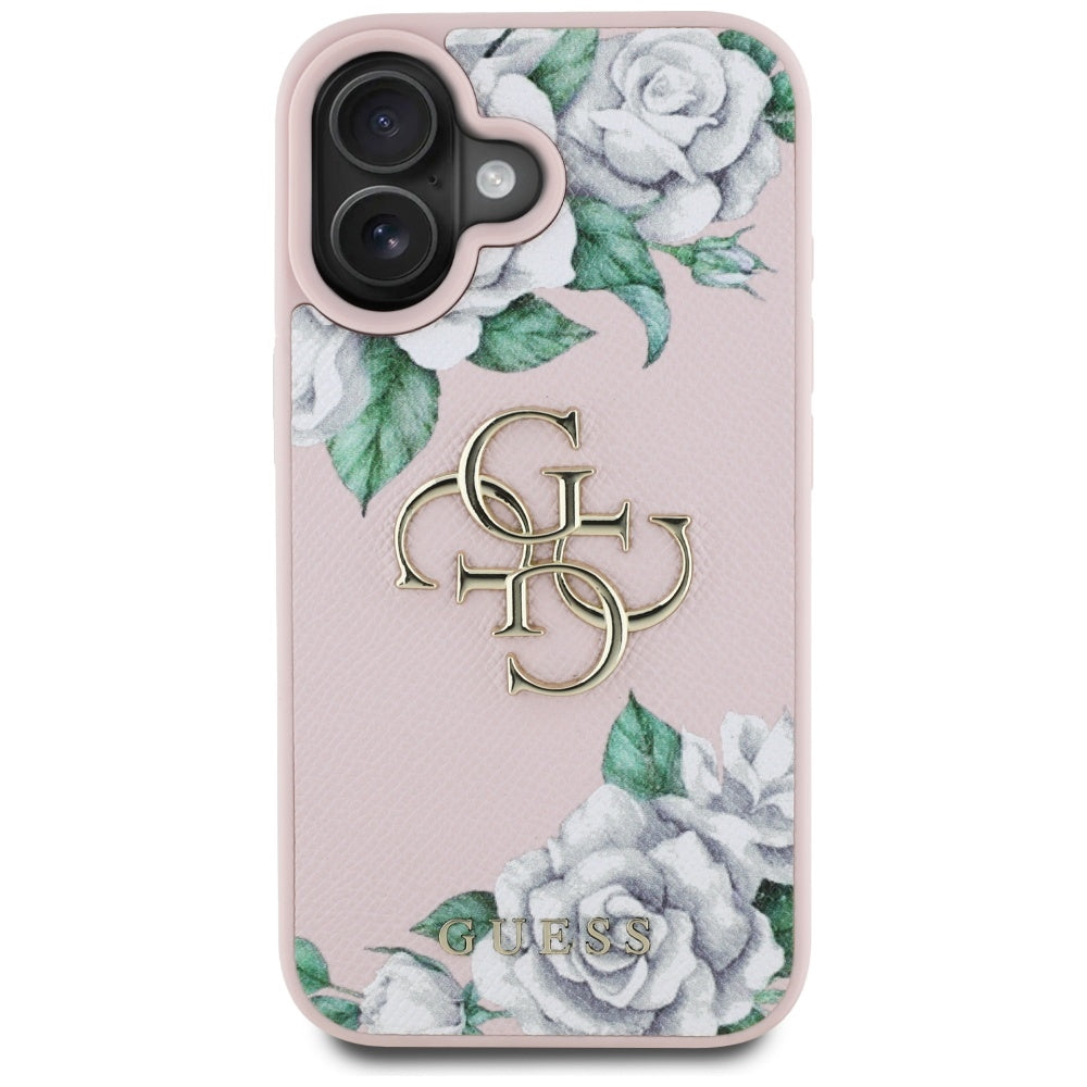 Suojakotelo Apple iPhone 16:lle, Guess, 4G Grained Roses Big Logo, Pinkki