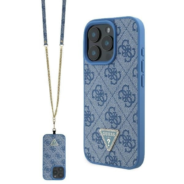 Suojakotelo Apple iPhone 16:lle, Guess, Crossbody 4G Triangle Strass, Sininen