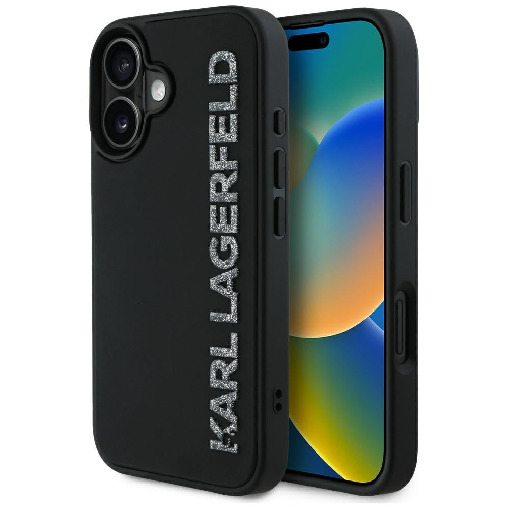 Kotelo Apple iPhone 16:lle, Karl Lagerfeld, 3D Rubber Elongated Gliiter Logo, Musta