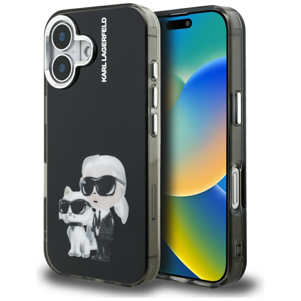 Kotelo Apple iPhone 16:lle, Karl Lagerfeld, IML Aquarelle Logo Karl & Choupette, Musta
