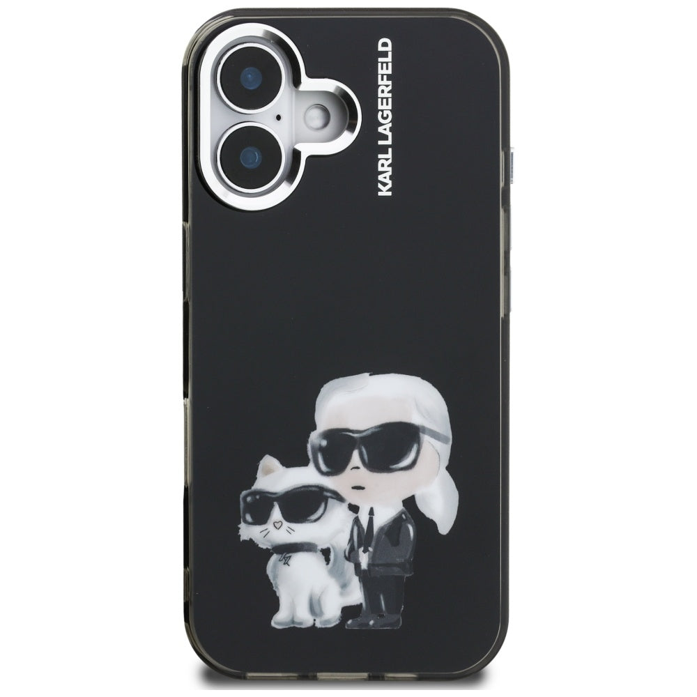 Kotelo Apple iPhone 16:lle, Karl Lagerfeld, IML Aquarelle Logo Karl & Choupette, Musta