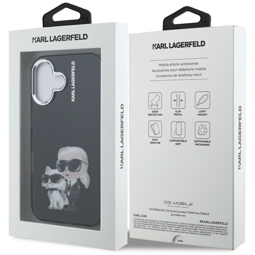 Kotelo Apple iPhone 16:lle, Karl Lagerfeld, IML Aquarelle Logo Karl & Choupette, Musta