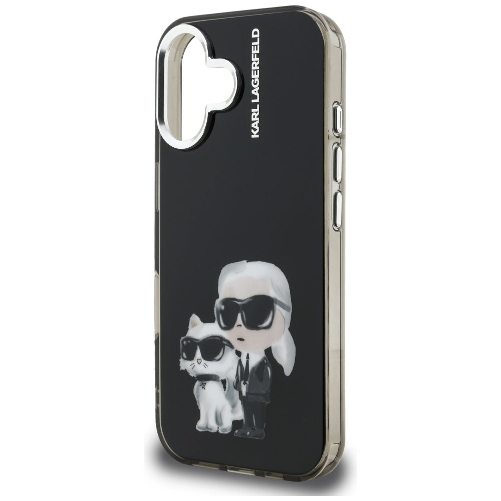 Kotelo Apple iPhone 16:lle, Karl Lagerfeld, IML Aquarelle Logo Karl & Choupette, Musta