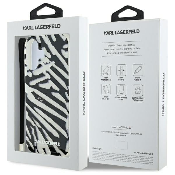 Kotelo Apple iPhone 16:lle, Karl Lagerfeld, IML Luxury Zebra Pattern with Strap, Musta