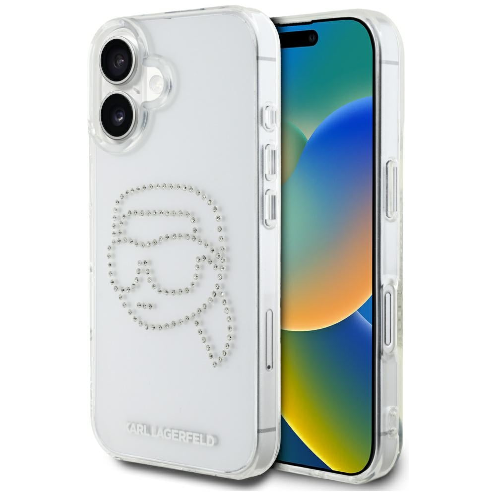 Kotelo Apple iPhone 16:lle, Karl Lagerfeld, IML Rhinestones Karl's Head, Läpinäkyvä