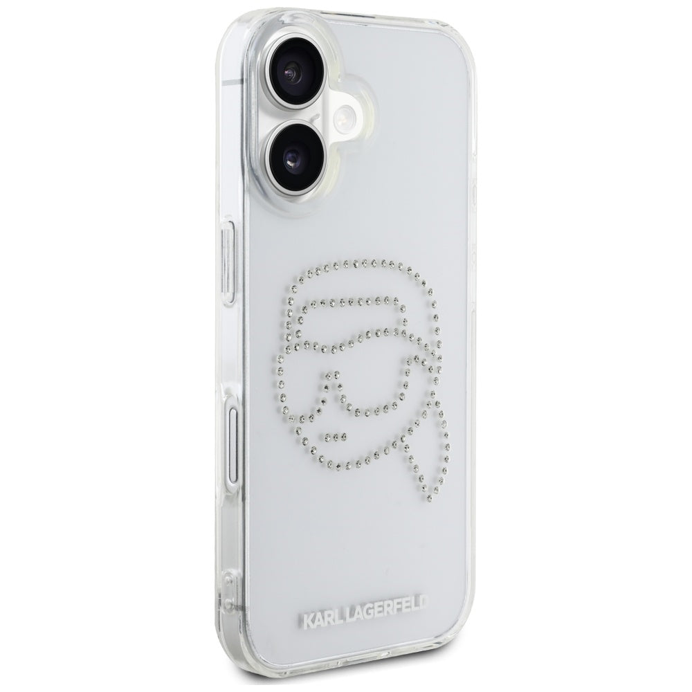 Kotelo Apple iPhone 16:lle, Karl Lagerfeld, IML Rhinestones Karl's Head, Läpinäkyvä
