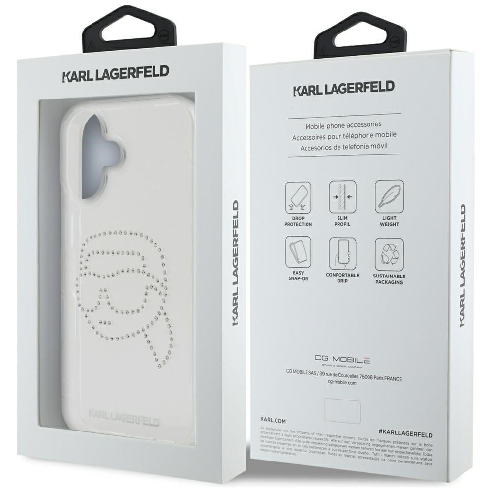 Kotelo Apple iPhone 16:lle, Karl Lagerfeld, IML Rhinestones Karl's Head, Läpinäkyvä