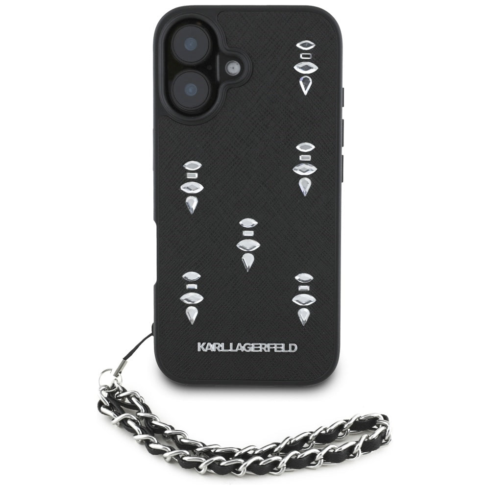 Suojakotelo Apple iPhone 16:lle, Karl Lagerfeld, Saffiano Crystals & Charm, Musta