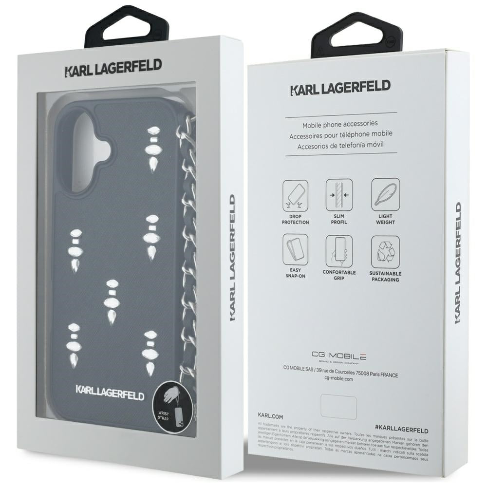 Suojakotelo Apple iPhone 16:lle, Karl Lagerfeld, Saffiano Crystals & Charm, Musta