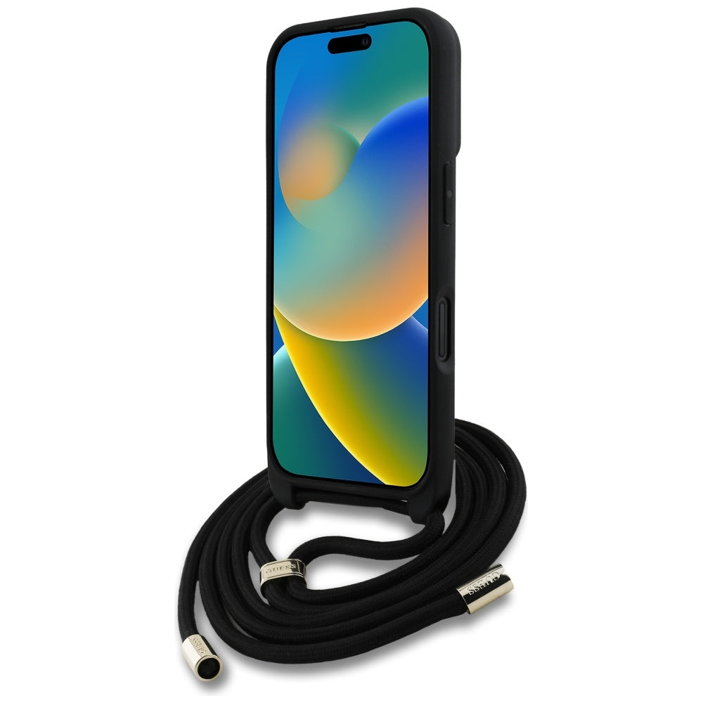 Suojakotelo Apple iPhone 16 Plus -puhelimelle, Guess, 4G CBDY Big Logo with Cord Strap, Ruskea