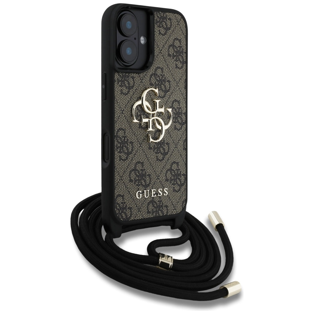 Suojakotelo Apple iPhone 16 Plus -puhelimelle, Guess, 4G CBDY Big Logo with Cord Strap, Ruskea