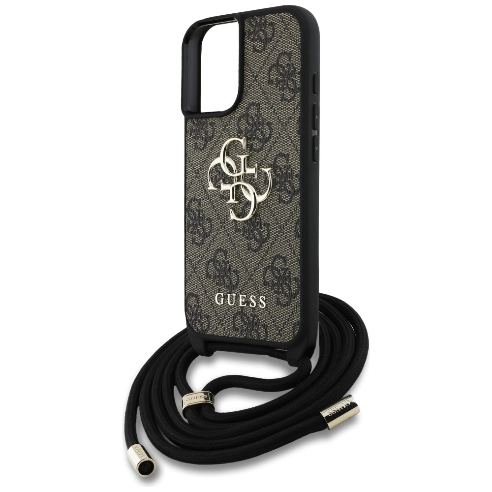 Suojakotelo Apple iPhone 16 Plus -puhelimelle, Guess, 4G CBDY Big Logo with Cord Strap, Ruskea