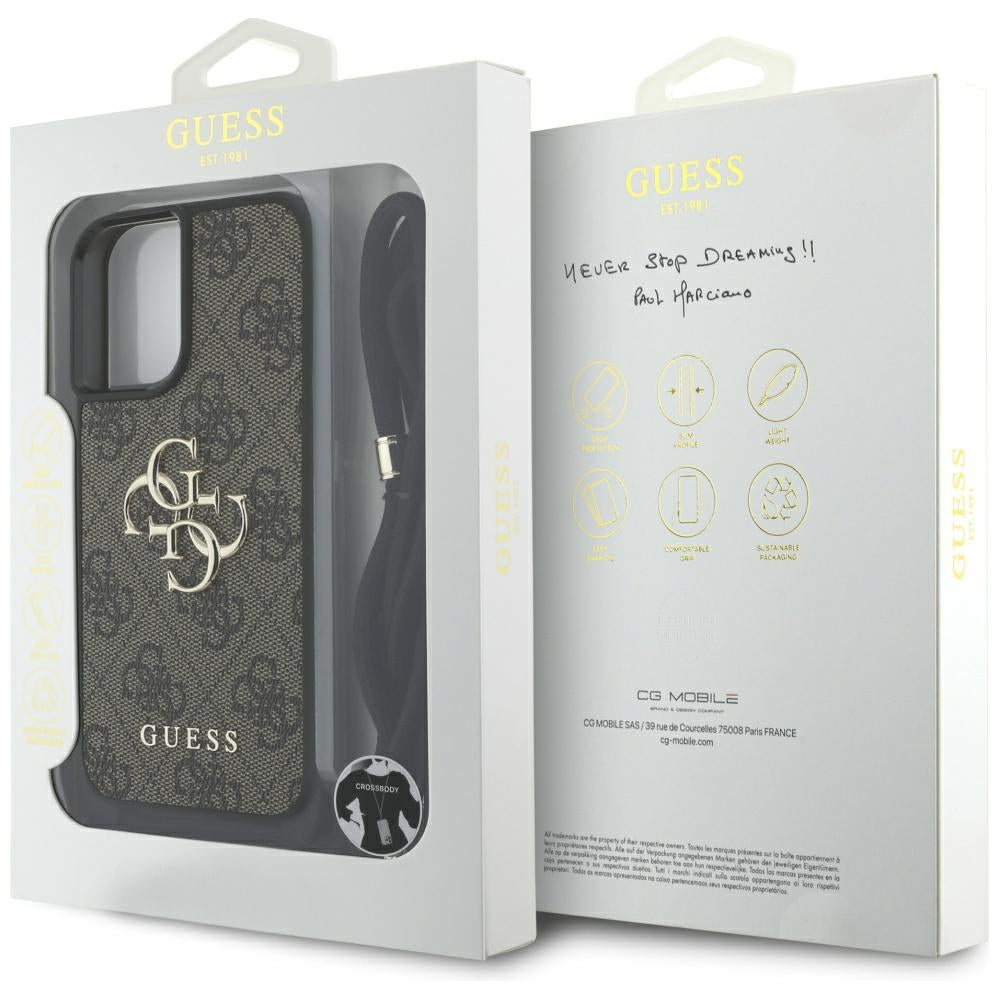 Suojakotelo Apple iPhone 16 Plus -puhelimelle, Guess, 4G CBDY Big Logo with Cord Strap, Ruskea