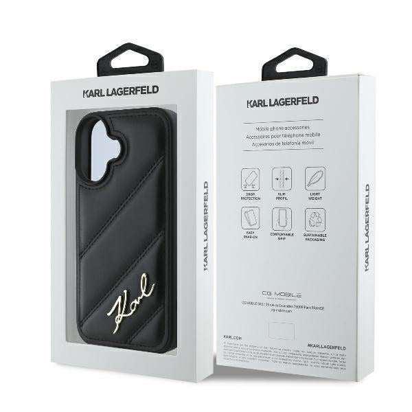 Kotelo Apple iPhone 16 Plus, Karl Lagerfeld, Diagonal Quilted Script, Musta