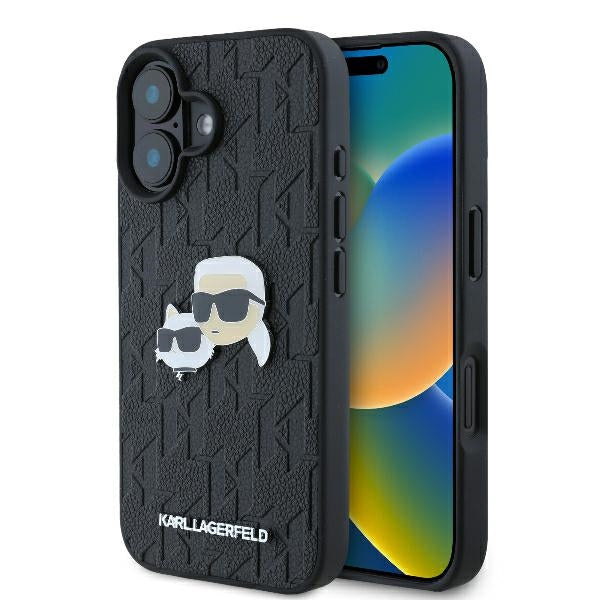 Kotelo Apple iPhone 16 Plus -puhelimelle, Karl Lagerfeld, Monogram Karl & Choupette's Heads, Musta