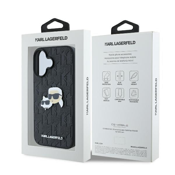 Kotelo Apple iPhone 16 Plus -puhelimelle, Karl Lagerfeld, Monogram Karl & Choupette's Heads, Musta