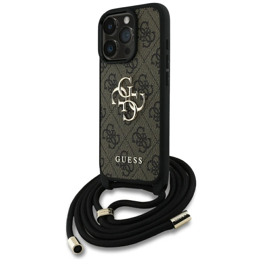 Case for Apple iPhone 16 Pro, Guess, 4G CBDY Big Logo with Cord Strap, Brown