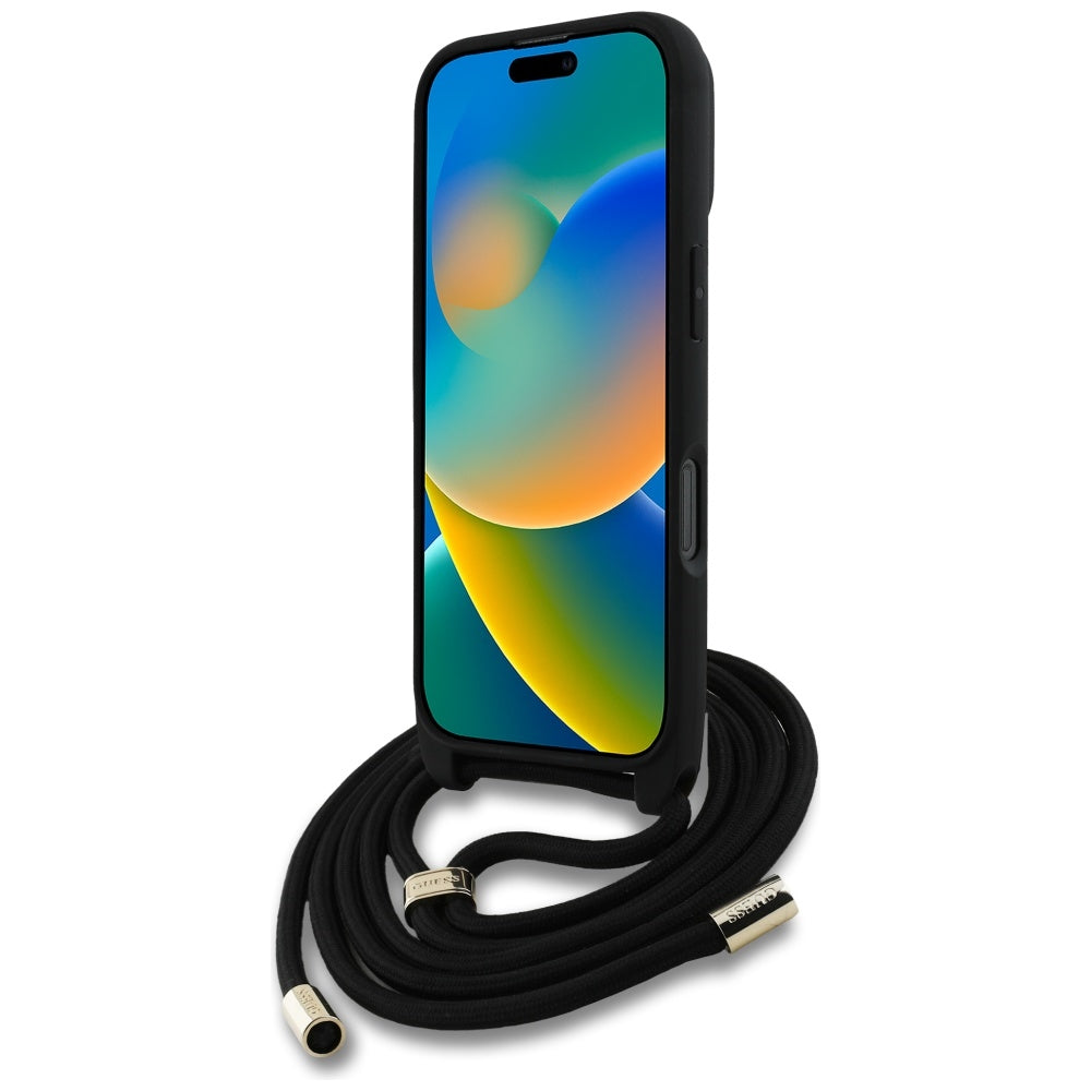 Suojakotelo Apple iPhone 16 Prolle, Guess, 4G CBDY Big Logo with Cord Strap, Musta