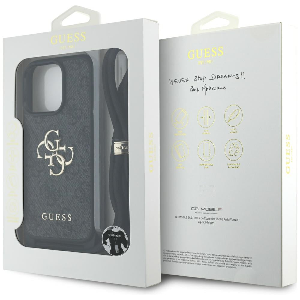 Suojakotelo Apple iPhone 16 Prolle, Guess, 4G CBDY Big Logo with Cord Strap, Musta