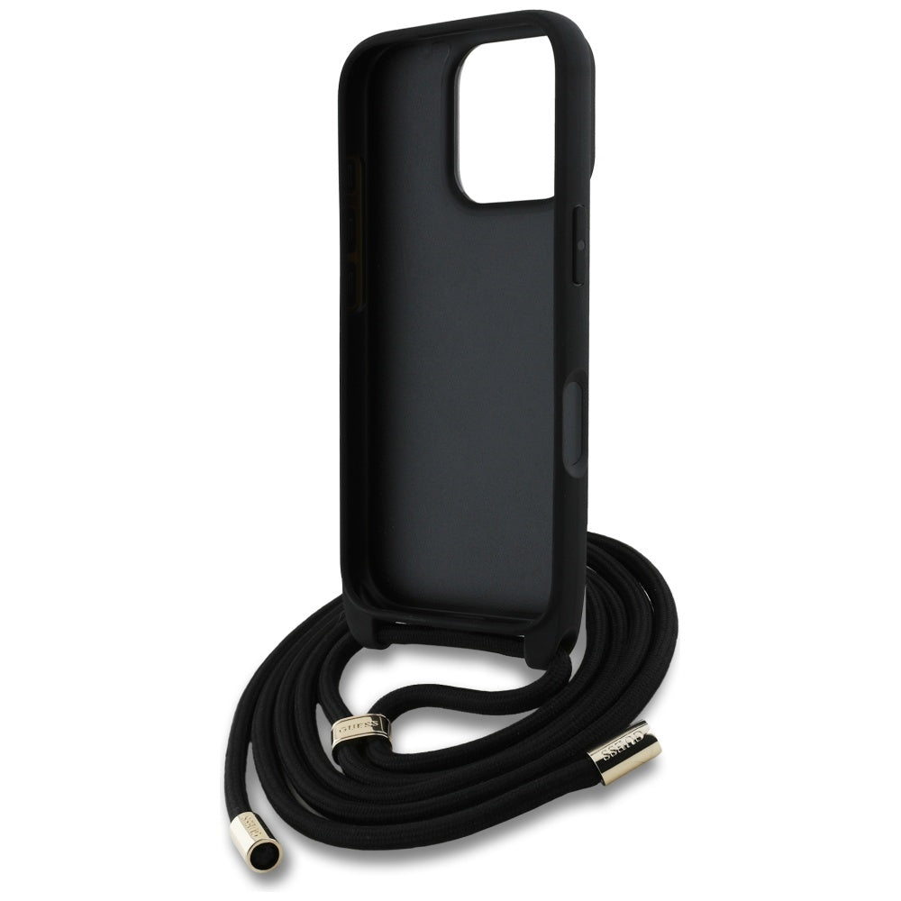Suojakotelo Apple iPhone 16 Prolle, Guess, 4G CBDY Big Logo with Cord Strap, Musta