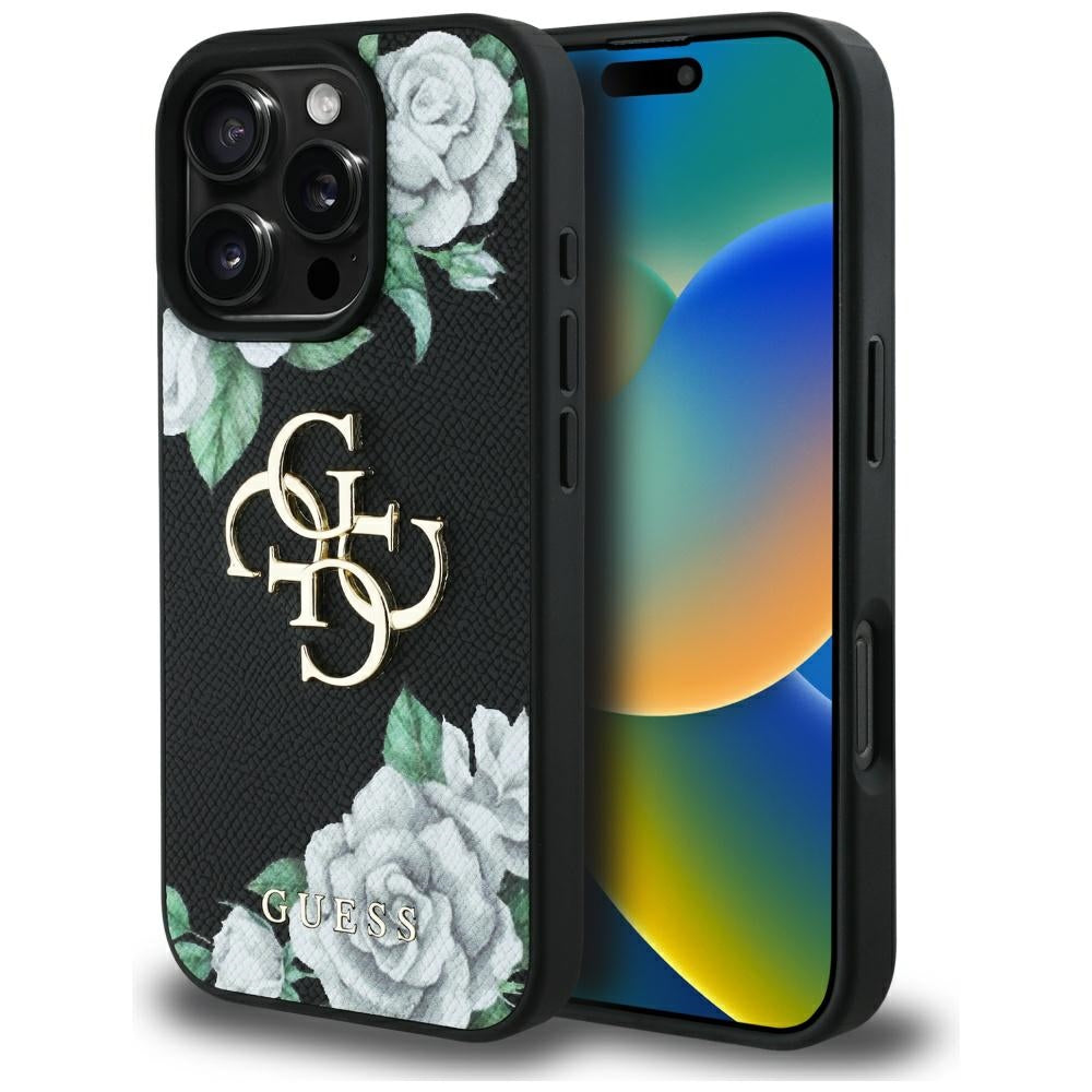 Suojakotelo Apple iPhone 16 Prolle, Guess, 4G Grained Roses Big Logo, Musta