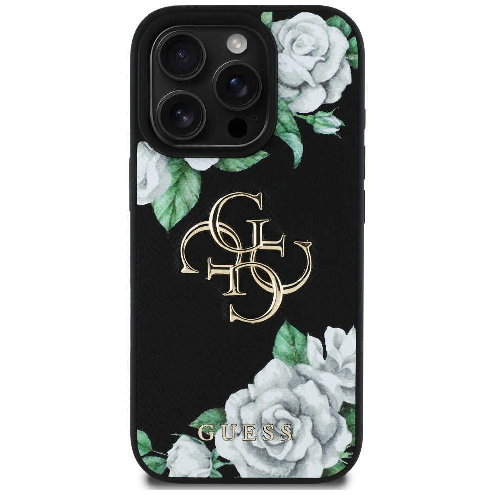 Suojakotelo Apple iPhone 16 Prolle, Guess, 4G Grained Roses Big Logo, Musta