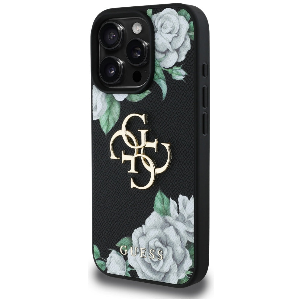 Suojakotelo Apple iPhone 16 Prolle, Guess, 4G Grained Roses Big Logo, Musta