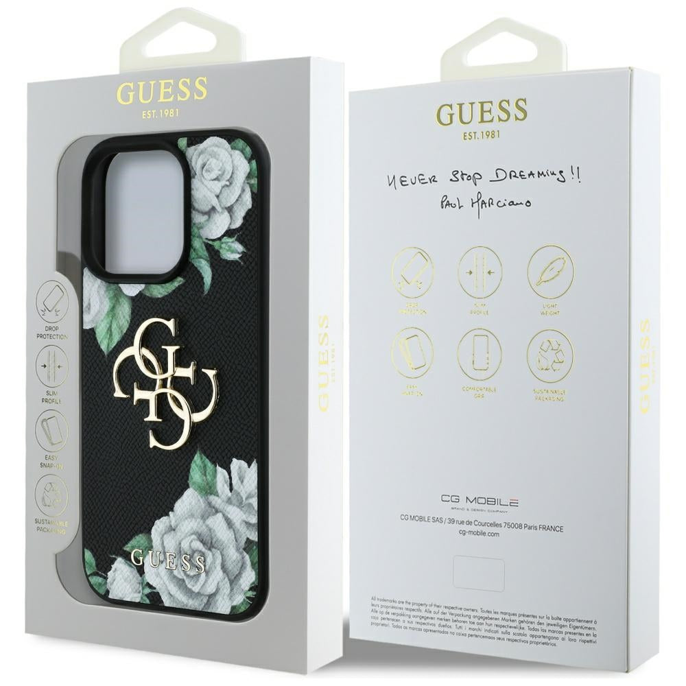 Suojakotelo Apple iPhone 16 Prolle, Guess, 4G Grained Roses Big Logo, Musta
