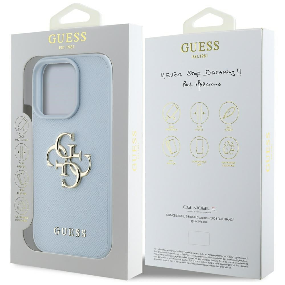 Suojakotelo Apple iPhone 16 Prolle, Guess, Grained Big 4G Logo Small Classic Logo, Sininen