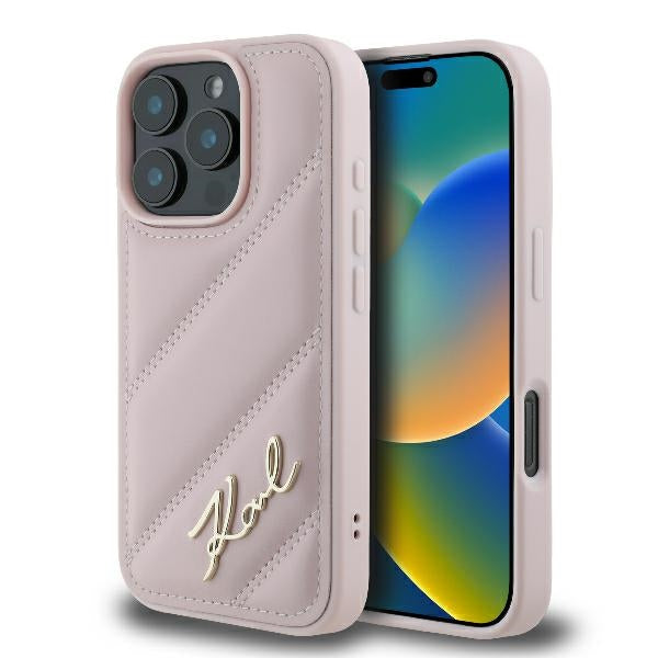 Kotelo Apple iPhone 16 Prolle, Karl Lagerfeld, Diagonal Quilted Script, Pinkki