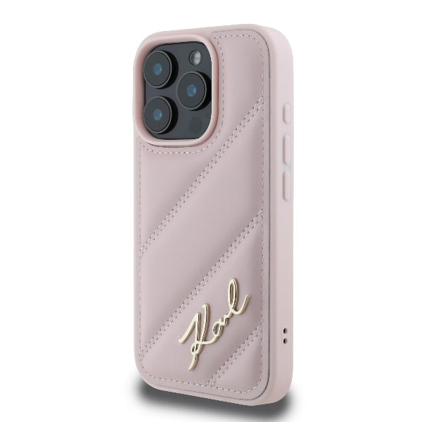 Kotelo Apple iPhone 16 Prolle, Karl Lagerfeld, Diagonal Quilted Script, Pinkki