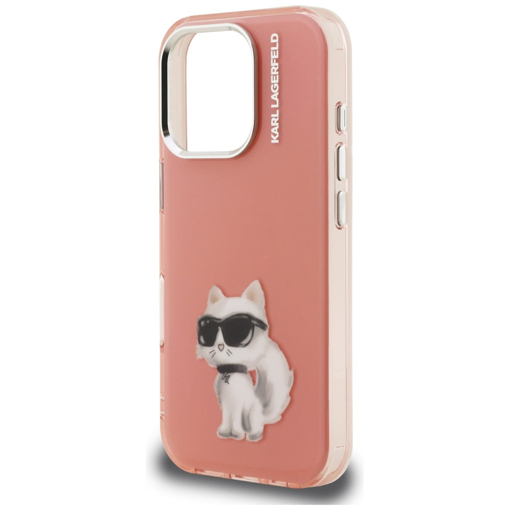 Kotelo Apple iPhone 16 Prolle, Karl Lagerfeld, IML Aquarelle Logo Choupette, Pinkki