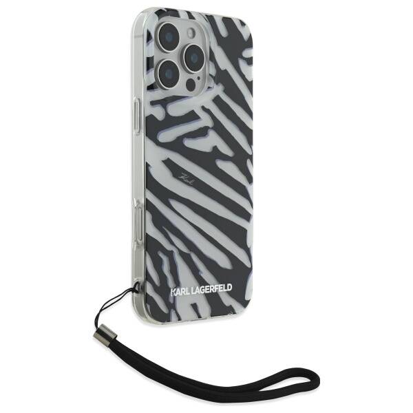 Kotelo Apple iPhone 16 Prolle, Karl Lagerfeld, IML Luxury Zebra Pattern with Strap, Musta