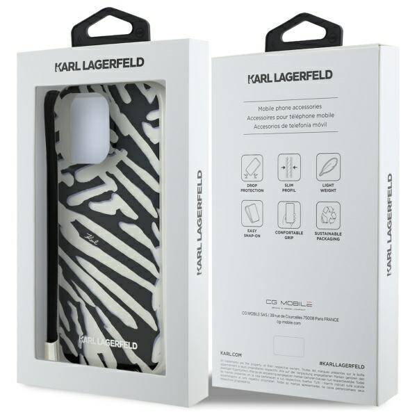 Kotelo Apple iPhone 16 Prolle, Karl Lagerfeld, IML Luxury Zebra Pattern with Strap, Musta