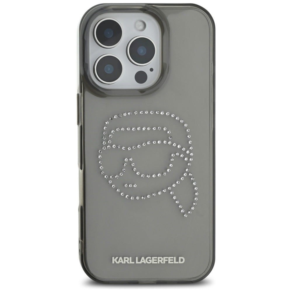 Kotelo Apple iPhone 16 Prolle, Karl Lagerfeld, IML Rhinestones Karl's Head, Musta