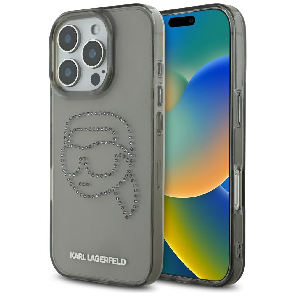 Kotelo Apple iPhone 16 Prolle, Karl Lagerfeld, IML Rhinestones Karl's Head, Musta