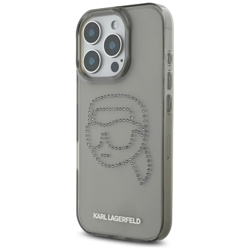 Kotelo Apple iPhone 16 Prolle, Karl Lagerfeld, IML Rhinestones Karl's Head, Musta