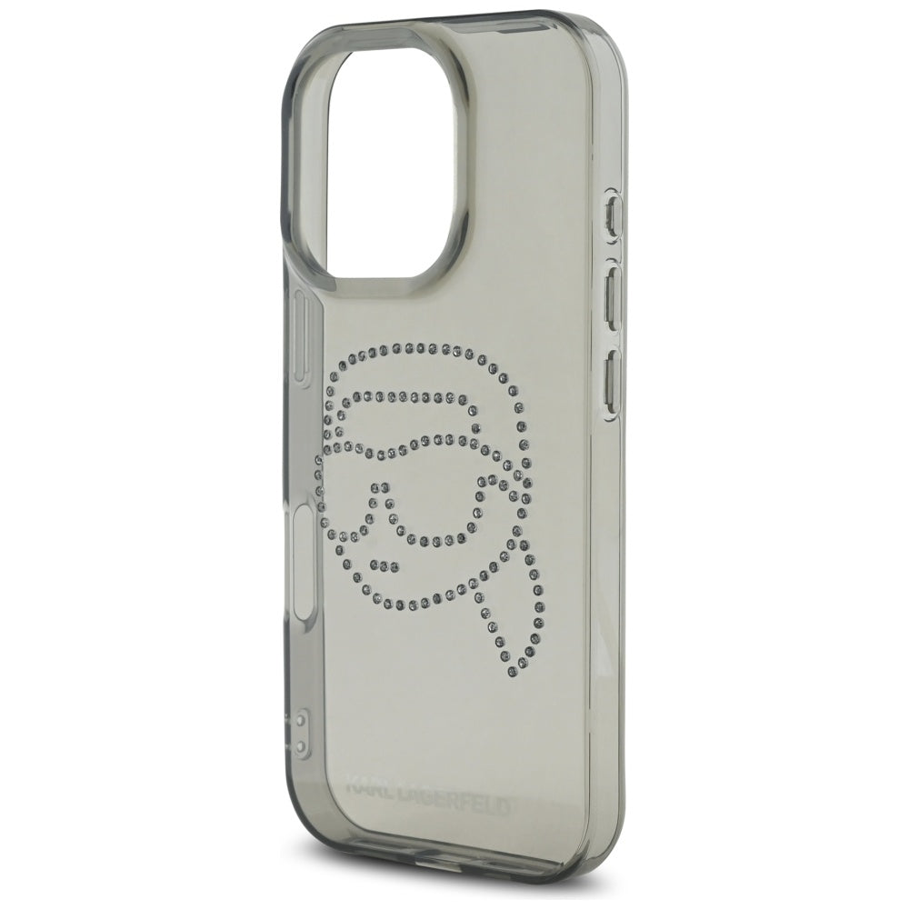 Kotelo Apple iPhone 16 Prolle, Karl Lagerfeld, IML Rhinestones Karl's Head, Musta