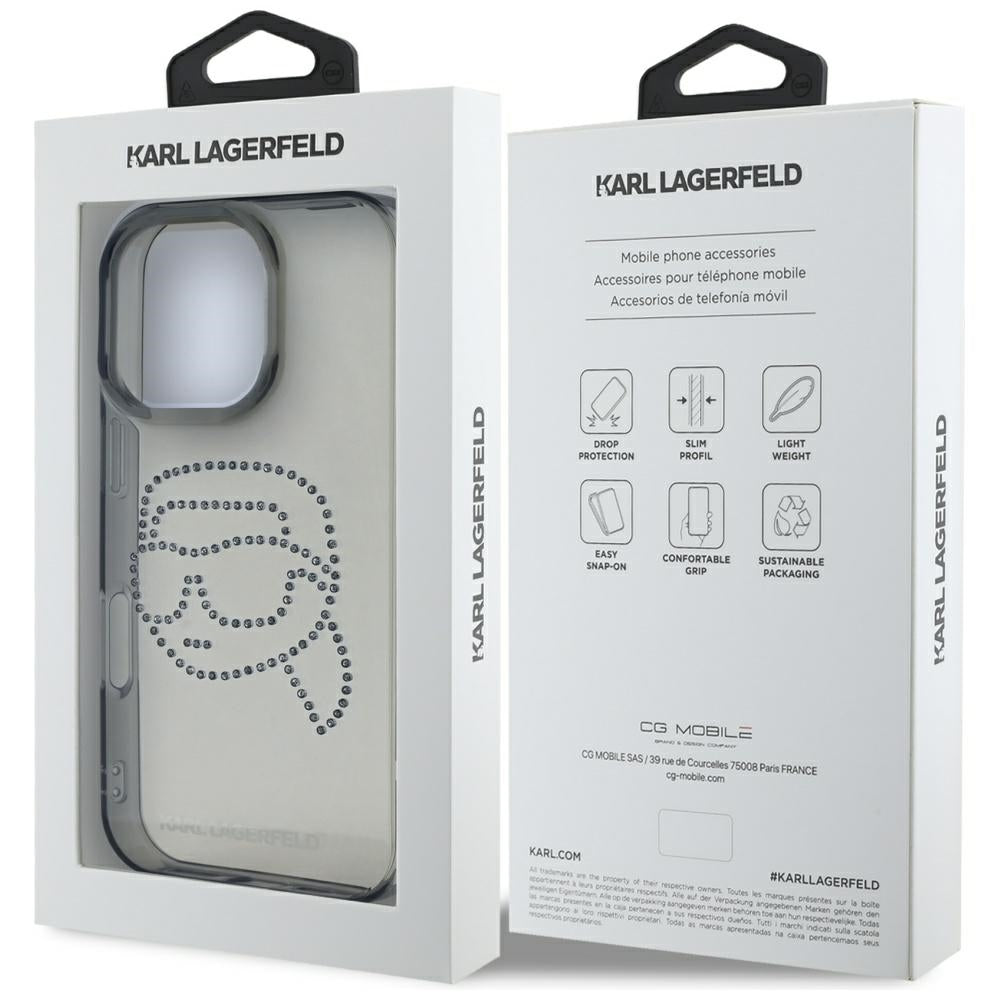 Kotelo Apple iPhone 16 Prolle, Karl Lagerfeld, IML Rhinestones Karl's Head, Musta