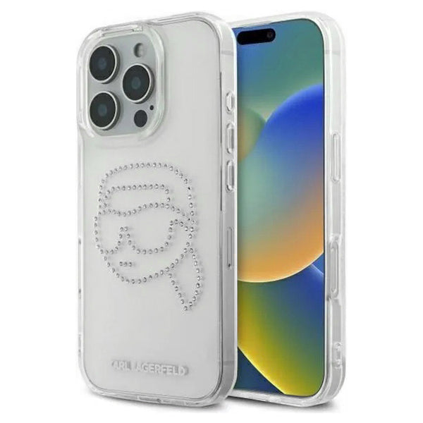Kotelo Apple iPhone 16 Prolle, Karl Lagerfeld, IML Rhinestones Karl's Head, Läpinäkyvä