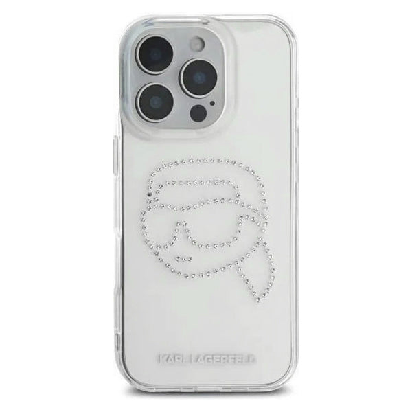 Kotelo Apple iPhone 16 Prolle, Karl Lagerfeld, IML Rhinestones Karl's Head, Läpinäkyvä