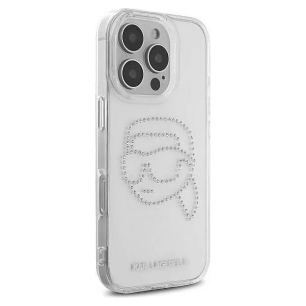 Kotelo Apple iPhone 16 Prolle, Karl Lagerfeld, IML Rhinestones Karl's Head, Läpinäkyvä