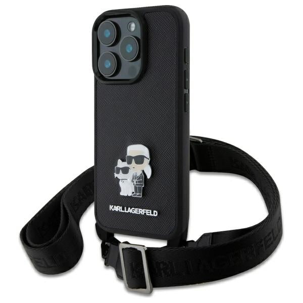 Suojakotelo Apple iPhone 16 Prolle, Karl Lagerfeld, Saffiano Crossbody Metal Pin Karl & Choupette, Musta