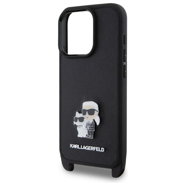 Suojakotelo Apple iPhone 16 Prolle, Karl Lagerfeld, Saffiano Crossbody Metal Pin Karl & Choupette, Musta