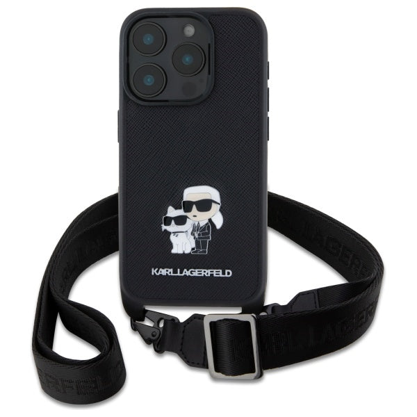 Suojakotelo Apple iPhone 16 Prolle, Karl Lagerfeld, Saffiano Crossbody Metal Pin Karl & Choupette, Musta