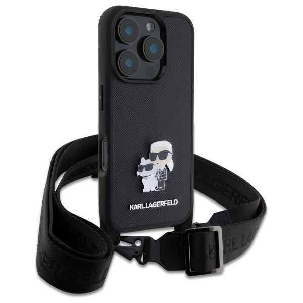 Suojakotelo Apple iPhone 16 Prolle, Karl Lagerfeld, Saffiano Crossbody Metal Pin Karl & Choupette, Musta