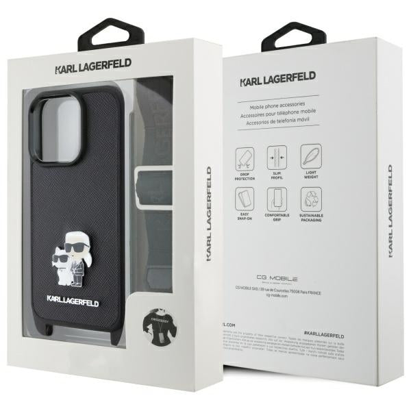 Suojakotelo Apple iPhone 16 Prolle, Karl Lagerfeld, Saffiano Crossbody Metal Pin Karl & Choupette, Musta